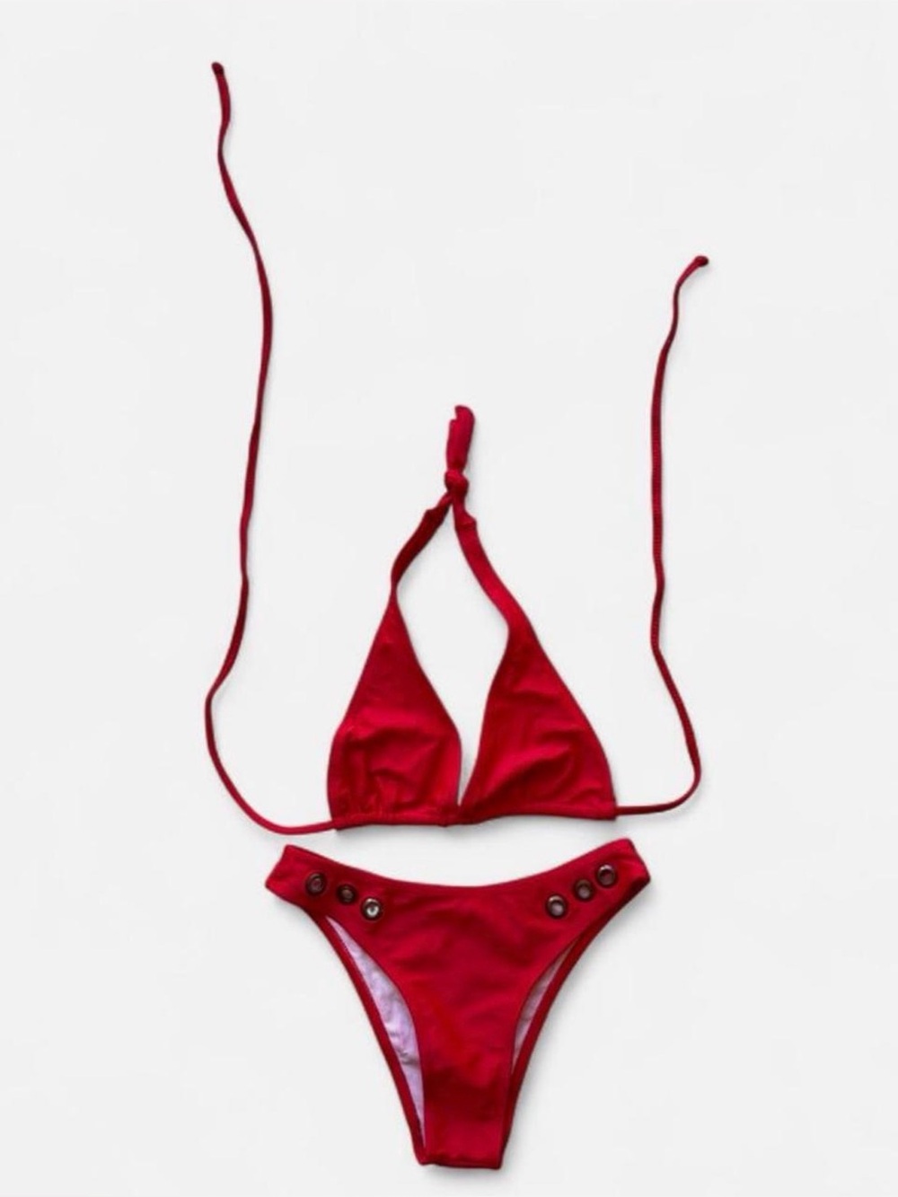 Women's Red Triangle Bikini Set with Button-Accent Bottoms